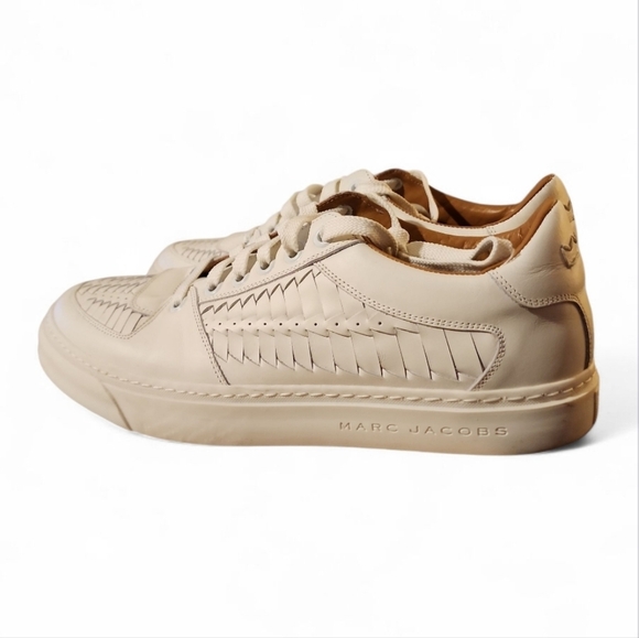 Marc Jacobs Men's Low Top Sneakers White Woven Leather Lace Up Shoes Italy Sz 10 - Picture 4 of 7